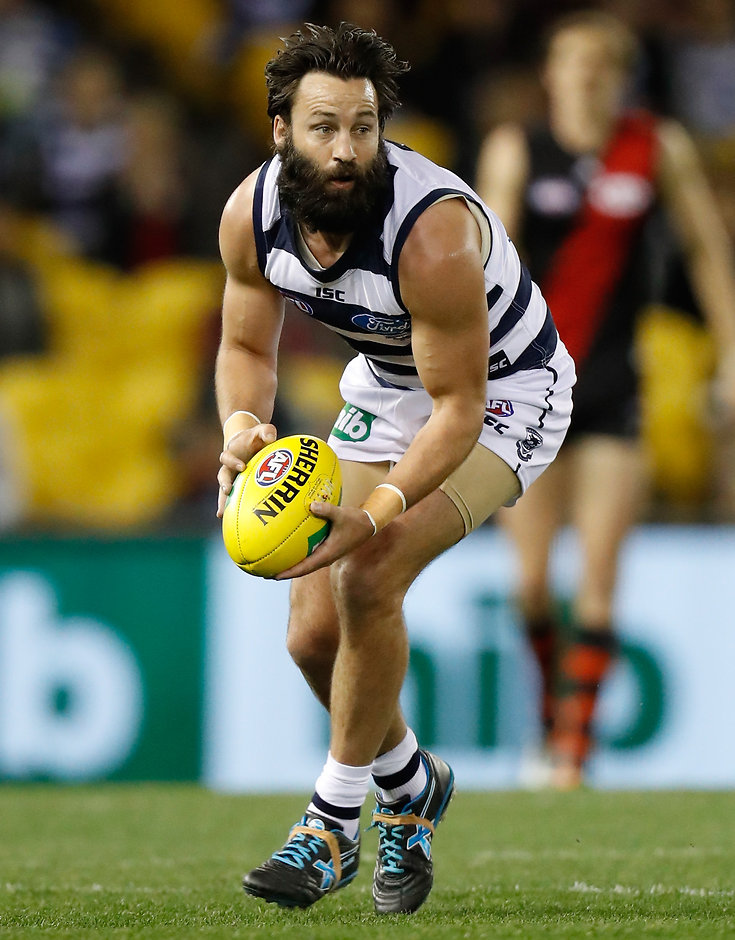 AFL 2016 Rd 20 - Geelong v Essendon MELBOURNE, AUSTRALIA - AUGUST 07: Jimmy Bartel of the Cats in action during the 2016 AFL Round 20 match between the Geelong Cats and the Essendon Bombers at Etihad Stadium on August 07, 2016 in Melbourne, Australia. (Photo by Michael Willson/AFL Media)
